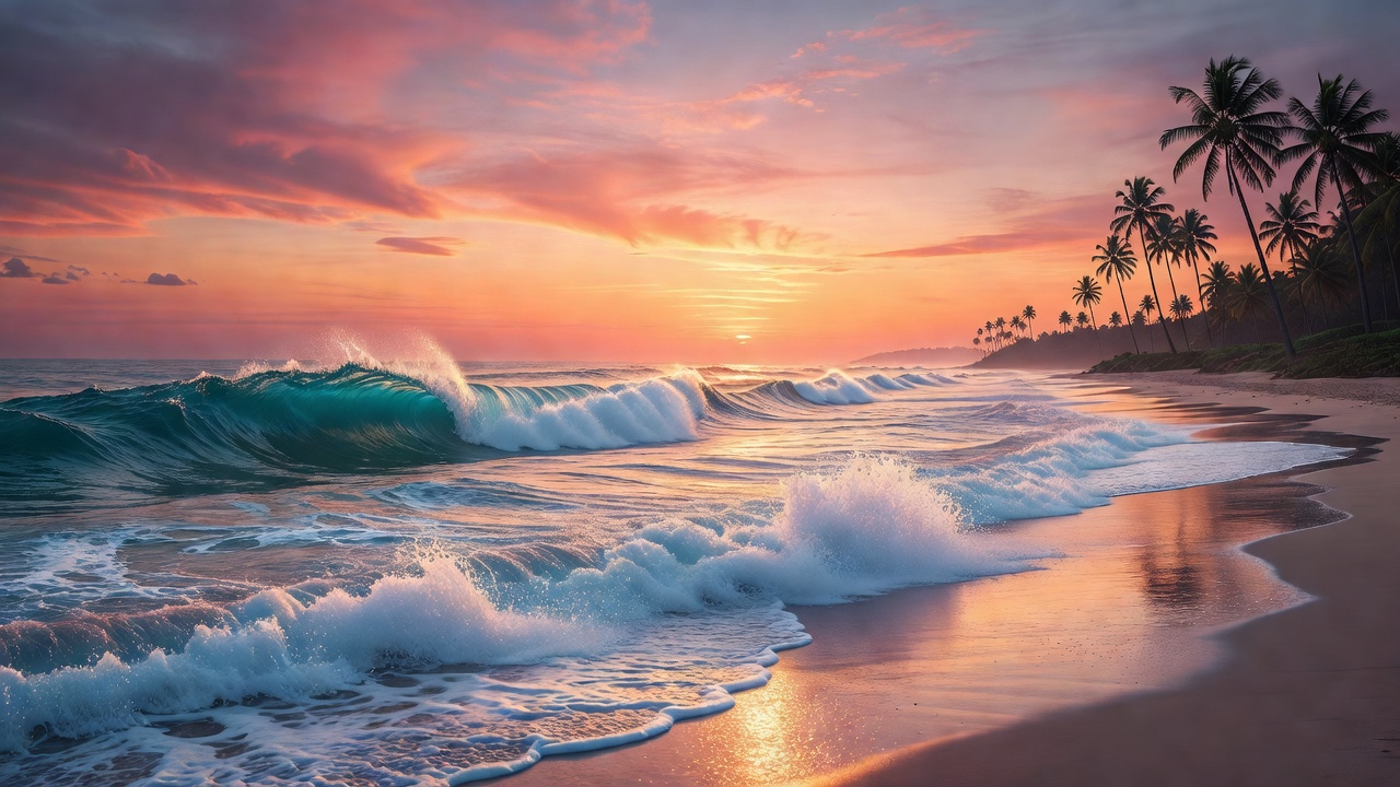 Pôr do sol com ondas e palmeiras